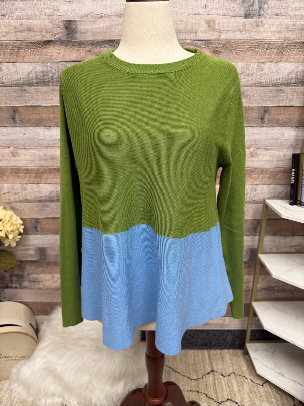 Compania Fantastica Blue & Green Color Block Long Sleeve Ribbed Knit Sweater
